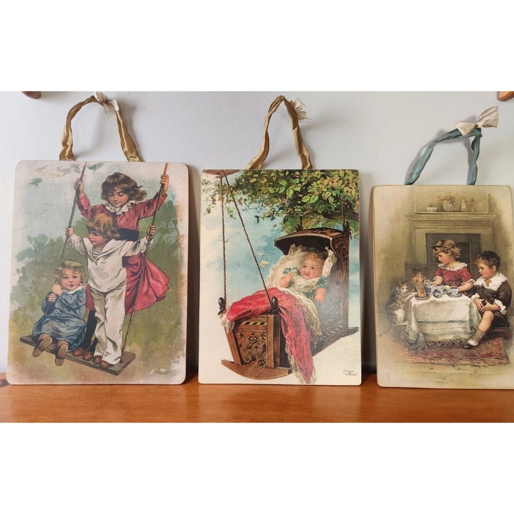 3 Vintage Moonlight & Roses Mounted Prints Hanging Wall Art Victorian Children